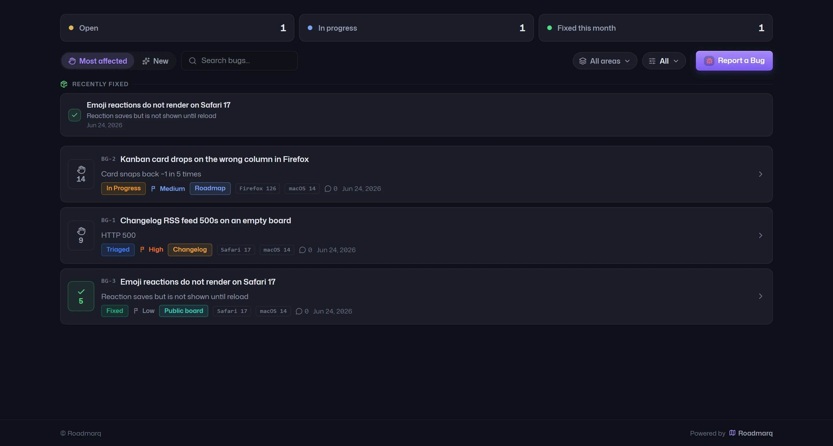The live public bug reports surface - severities, statuses, affected counts and health, real data