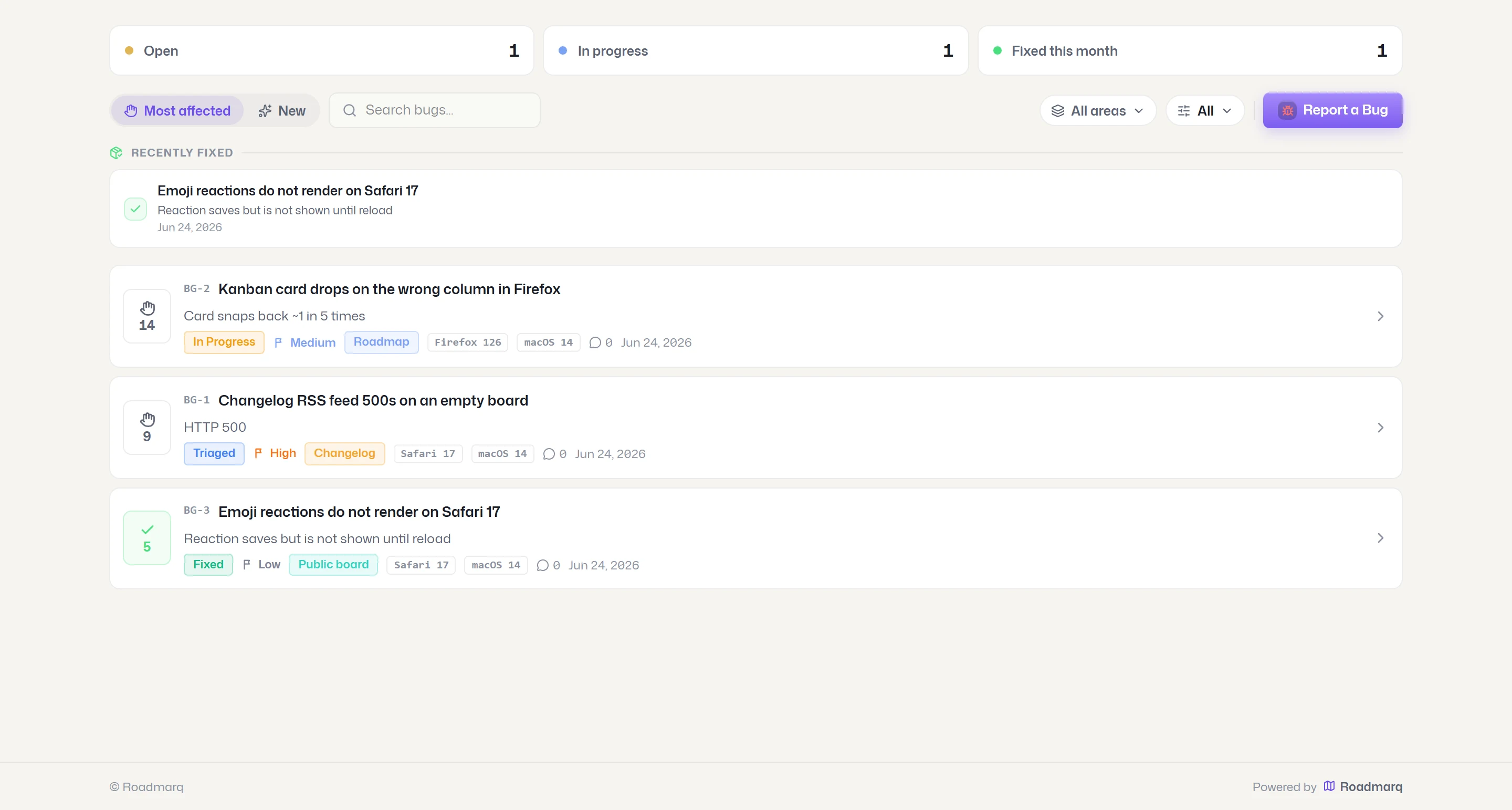 The live public bug reports surface in light theme