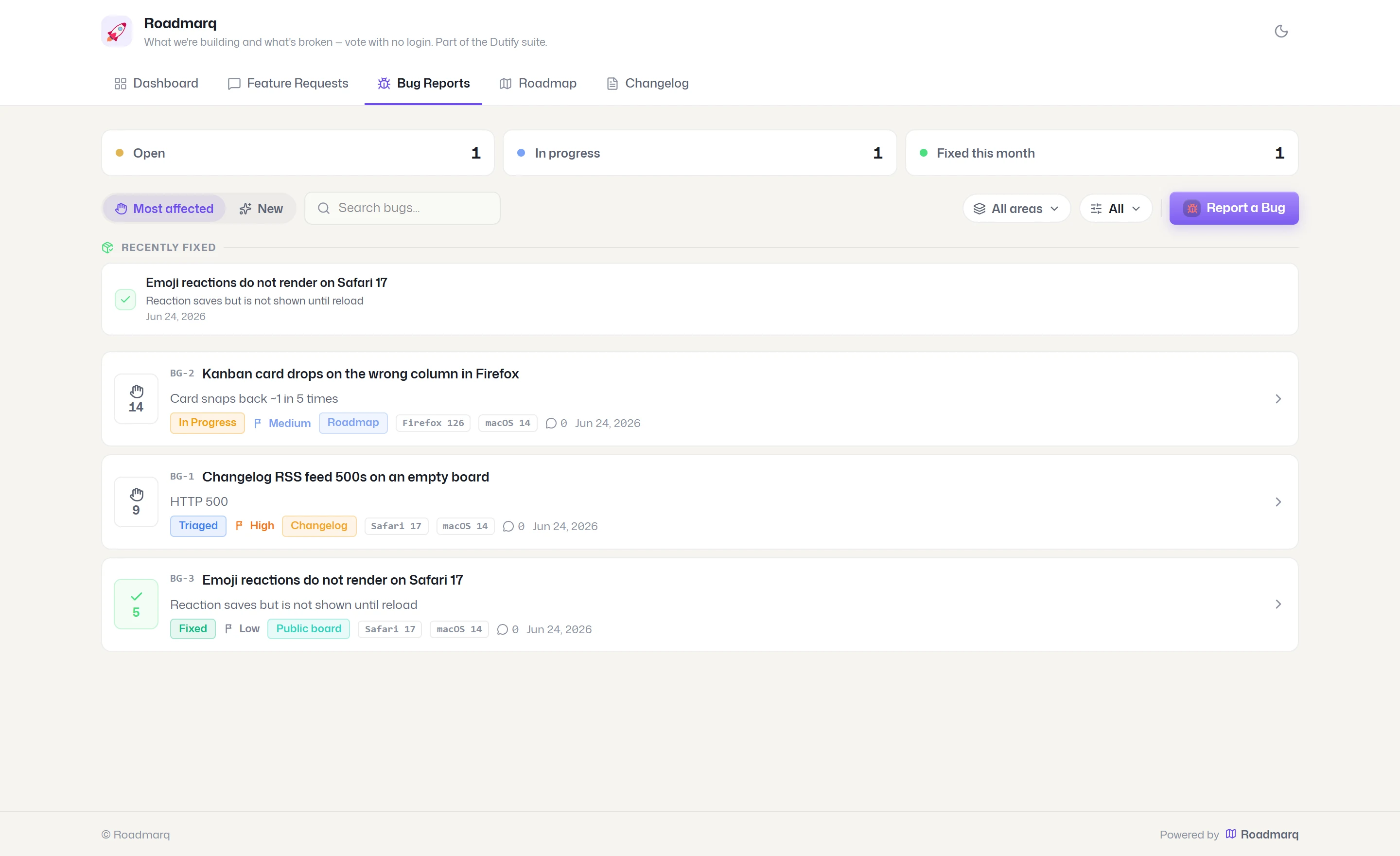 The public bug reports surface in light theme