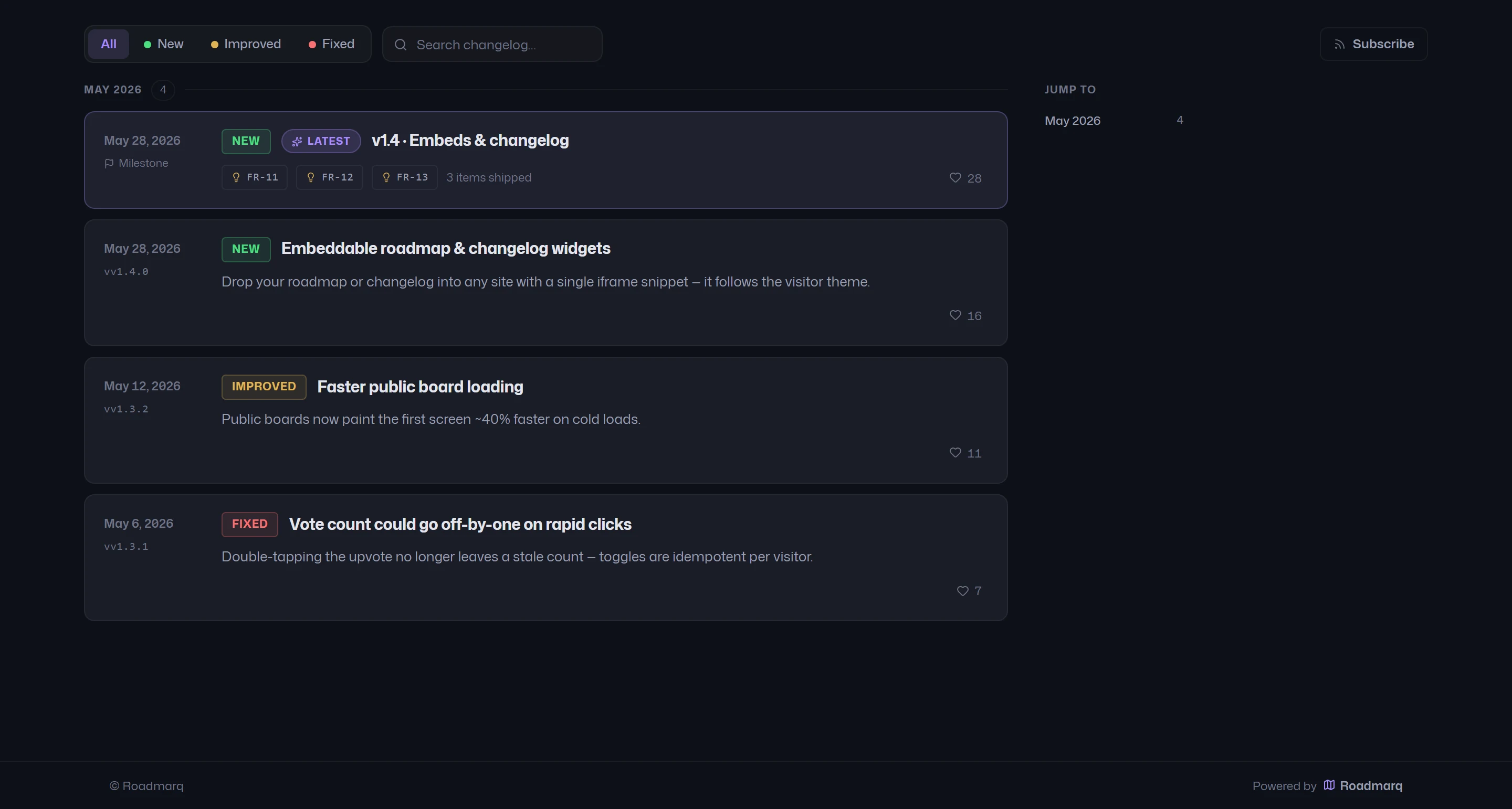 The live public changelog - month-grouped releases tagged New, Improved and Fixed, with RSS