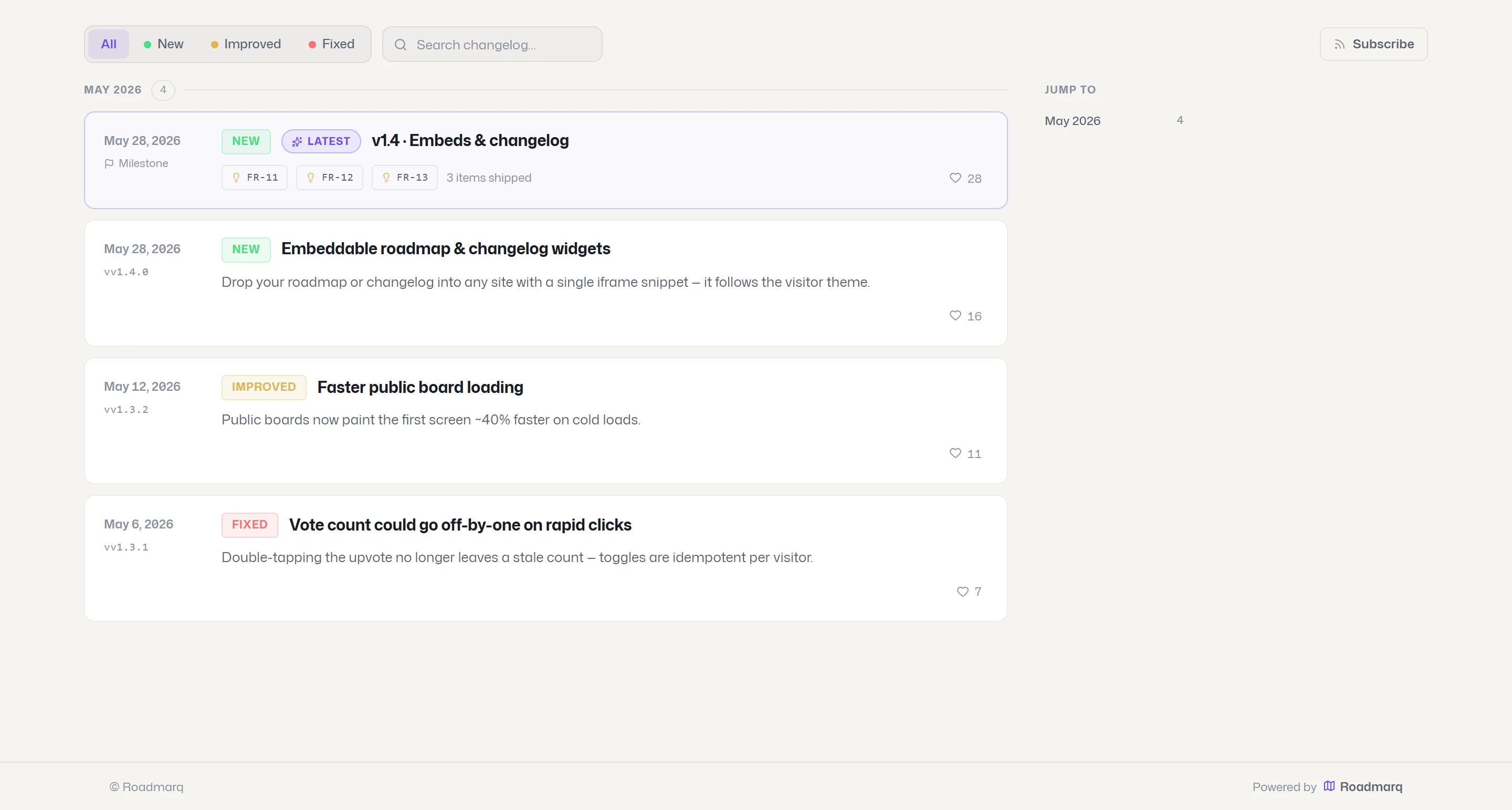 The live public changelog in light theme