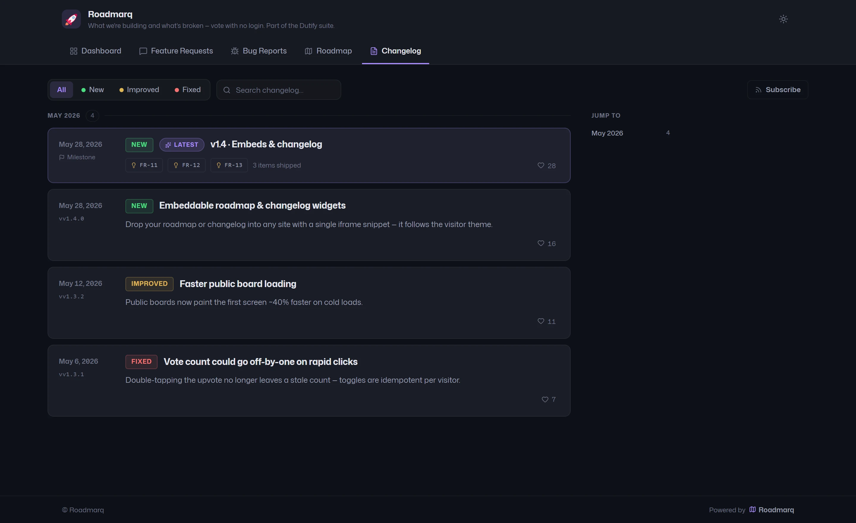 The public changelog grouped by month with type filters and RSS