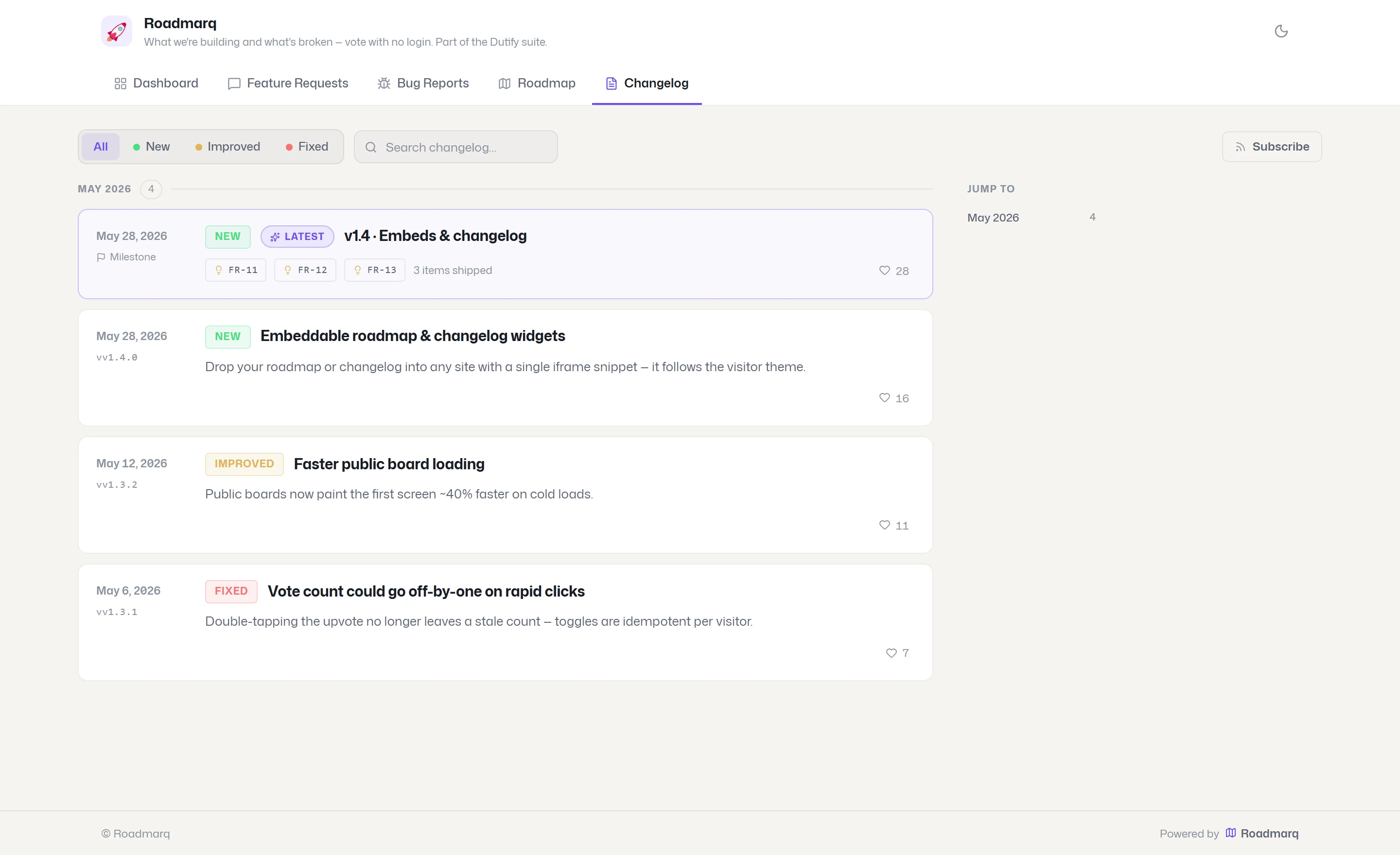 The public changelog in light theme