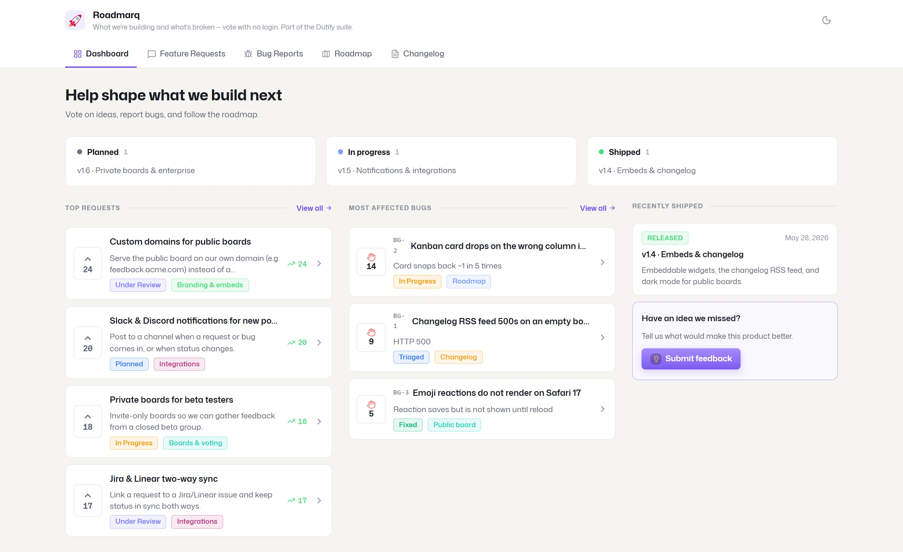 The live Roadmarq public board dashboard in light theme