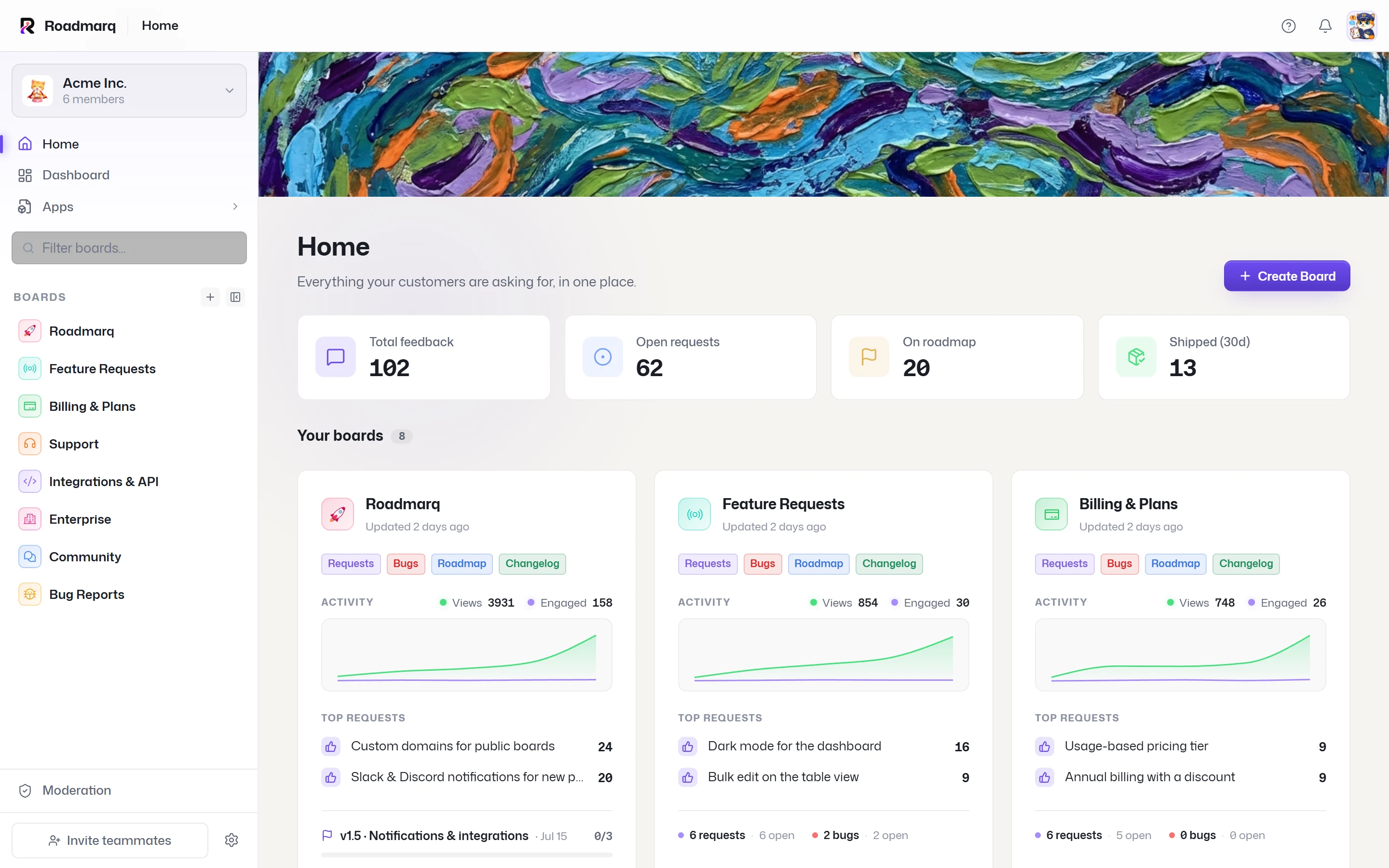 Your Roadmarq workspace home in light theme
