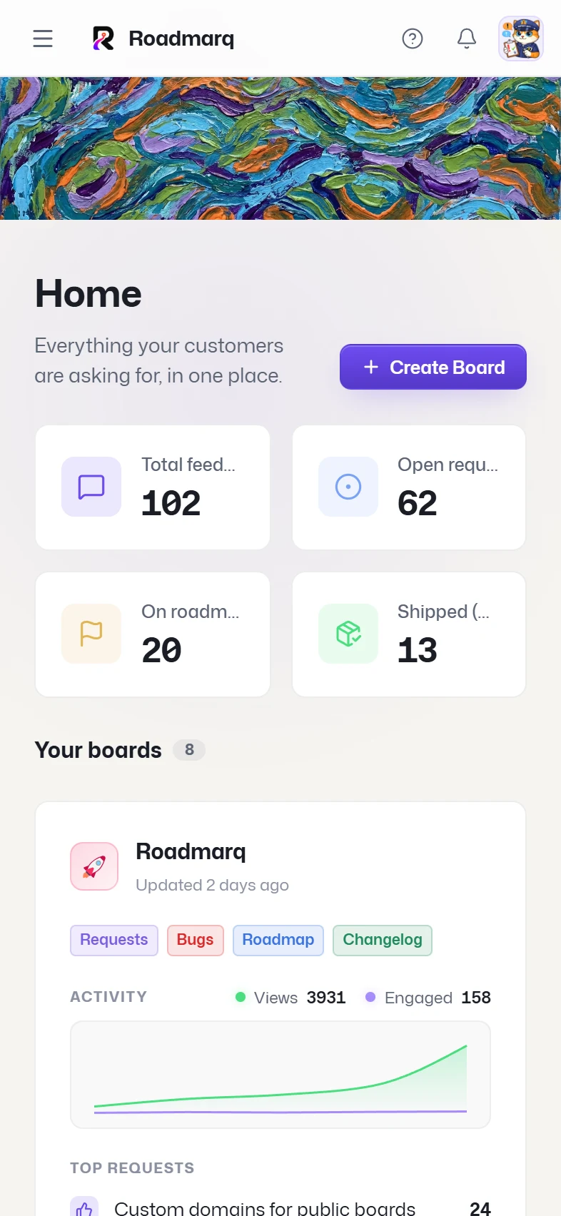The Roadmarq workspace on a phone, light theme